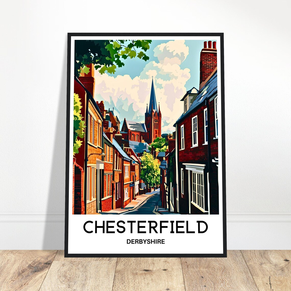 Chesterfield Derbyshire Vintage Church Spire Old Town Travel Poster