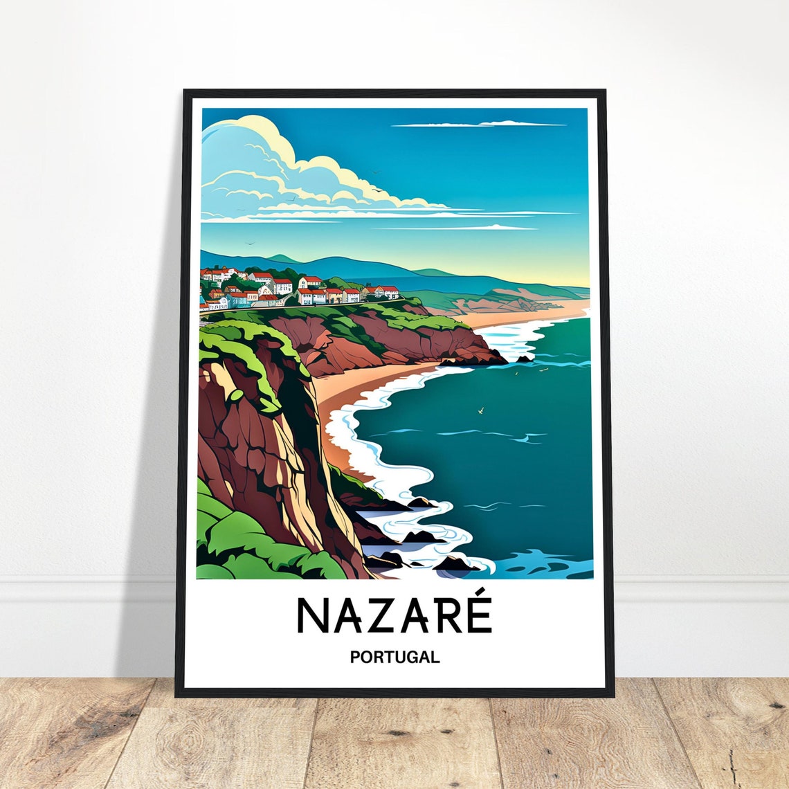 Nazare Travel Print Nazare Poster Portuguese Art Print Portugal Lover Gift Wall Hanging Home Office Desk Decor Nazare Town Illustration