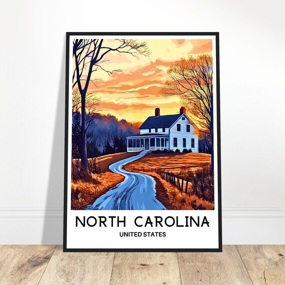 North Carolina Farmhouse Sunset Winding Country Road Travel Poster