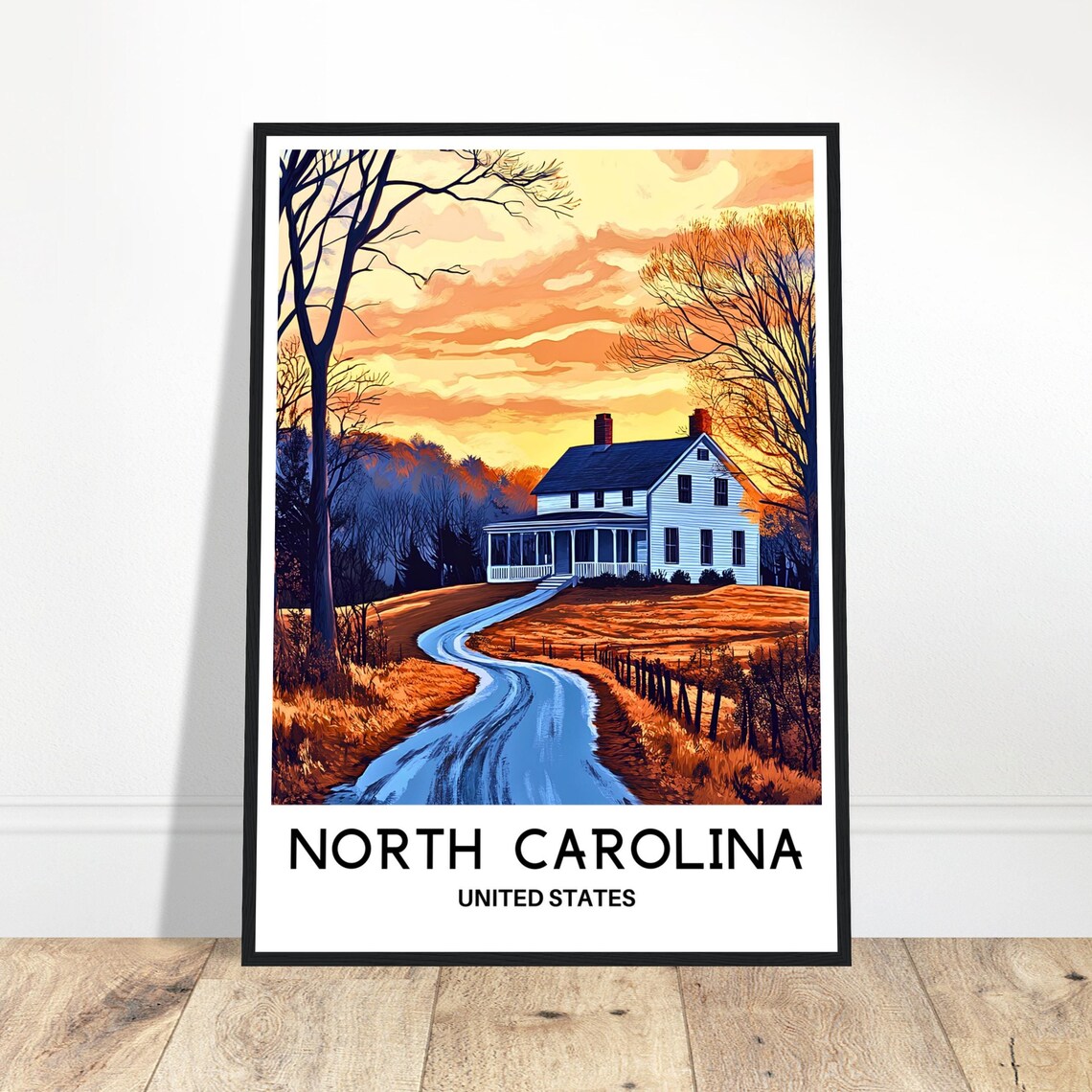 North Carolina Farmhouse Sunset Winding Country Road Travel Poster