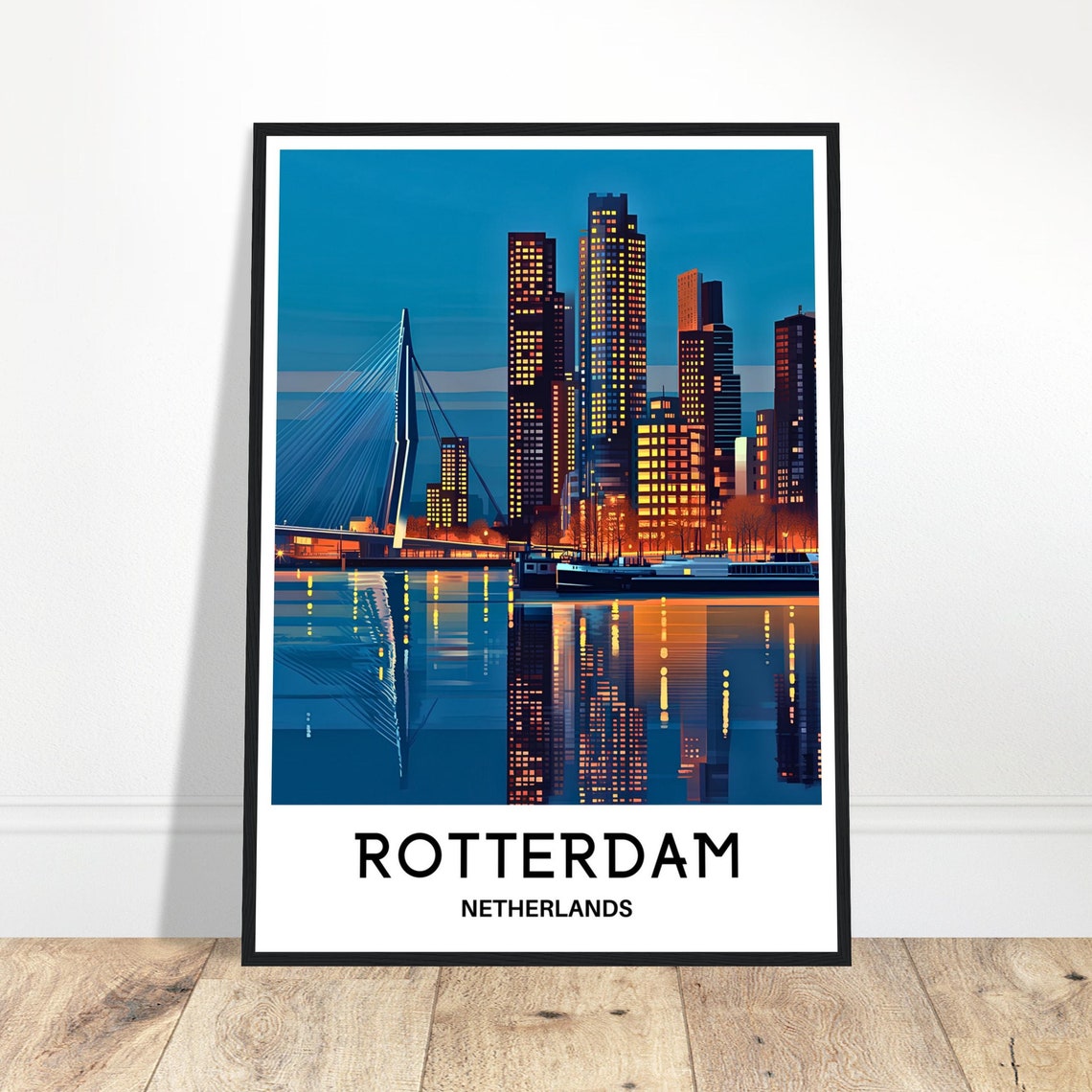 Rotterdam Netherlands Night Skyline Erasmus Bridge City Travel Poster