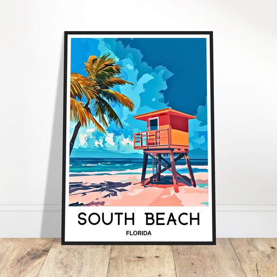 South Beach Florida Travel Poster With Pink Lifeguard Tower Scene