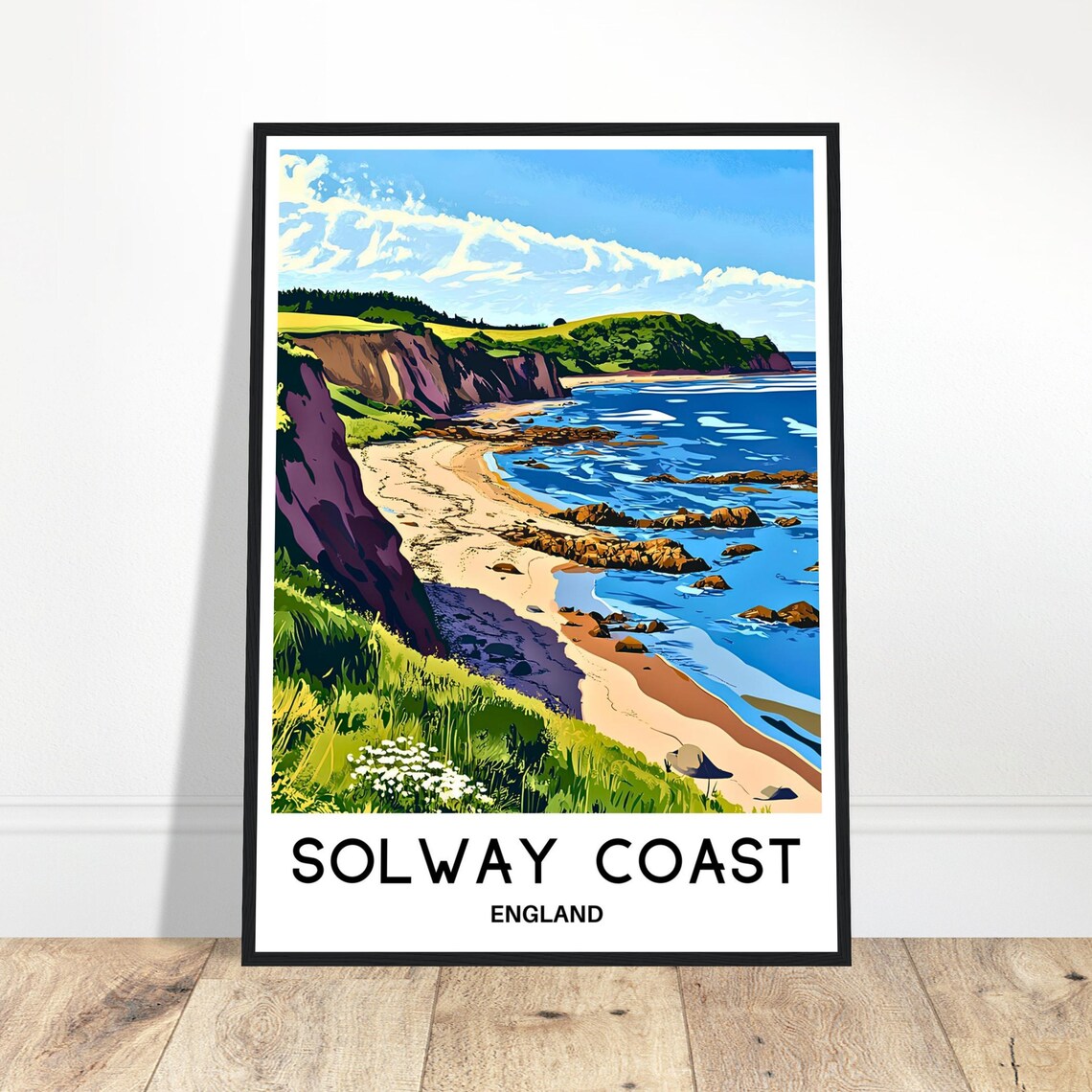 Solway Coast England Travel Poster Rocky Cliffs And Sandy Beach