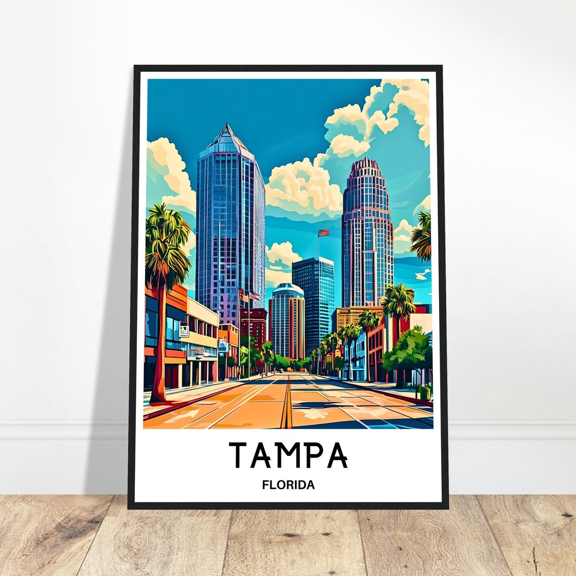 Tampa Florida Downtown Skyline and Palm Street Travel Poster