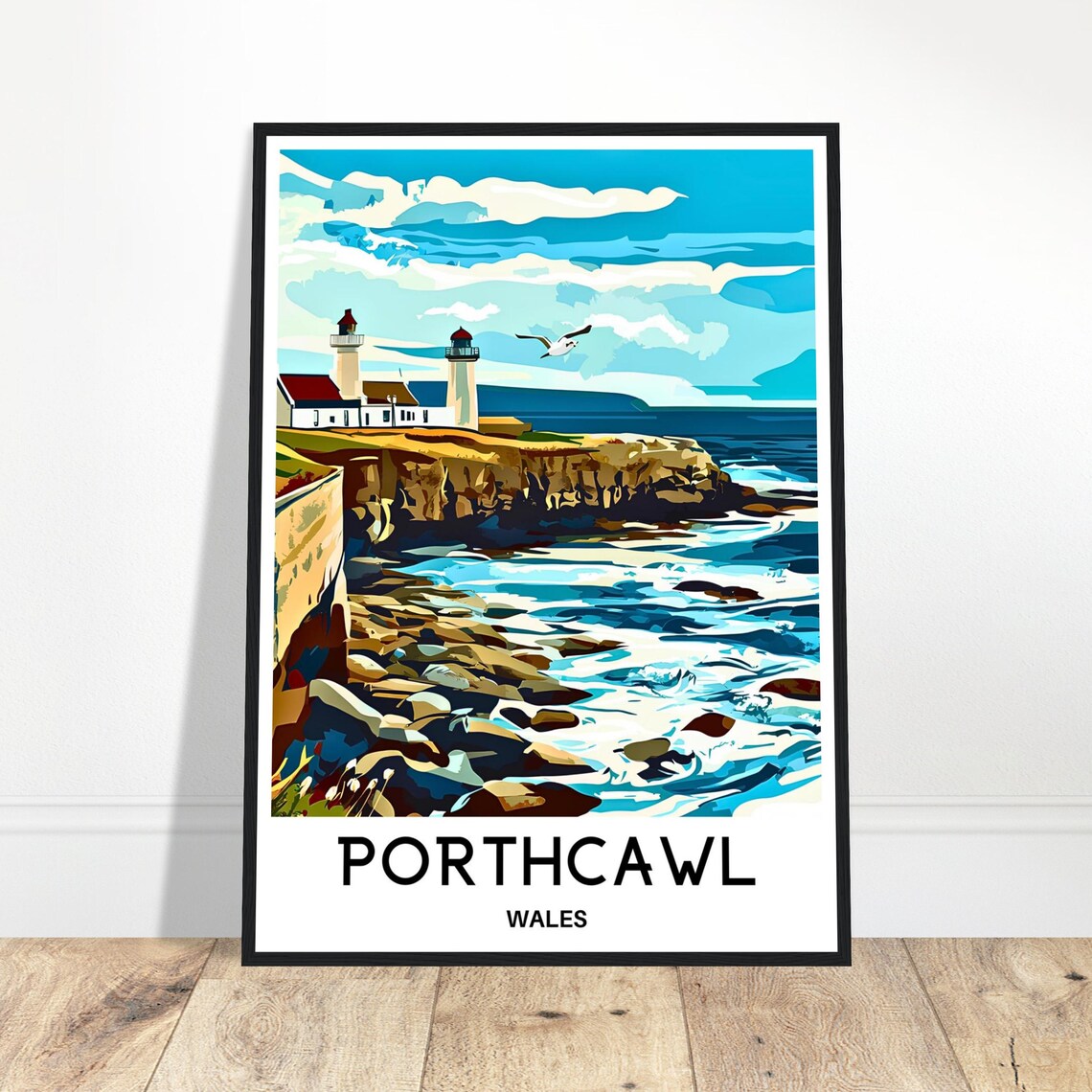 Porthcawl Wales Twin Lighthouses Rocky Cliffs Coastal Travel Poster