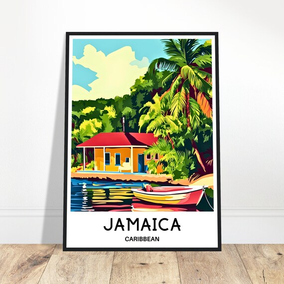 Jamaica Caribbean Tropical Hut And Boat Travel Illustration Poster