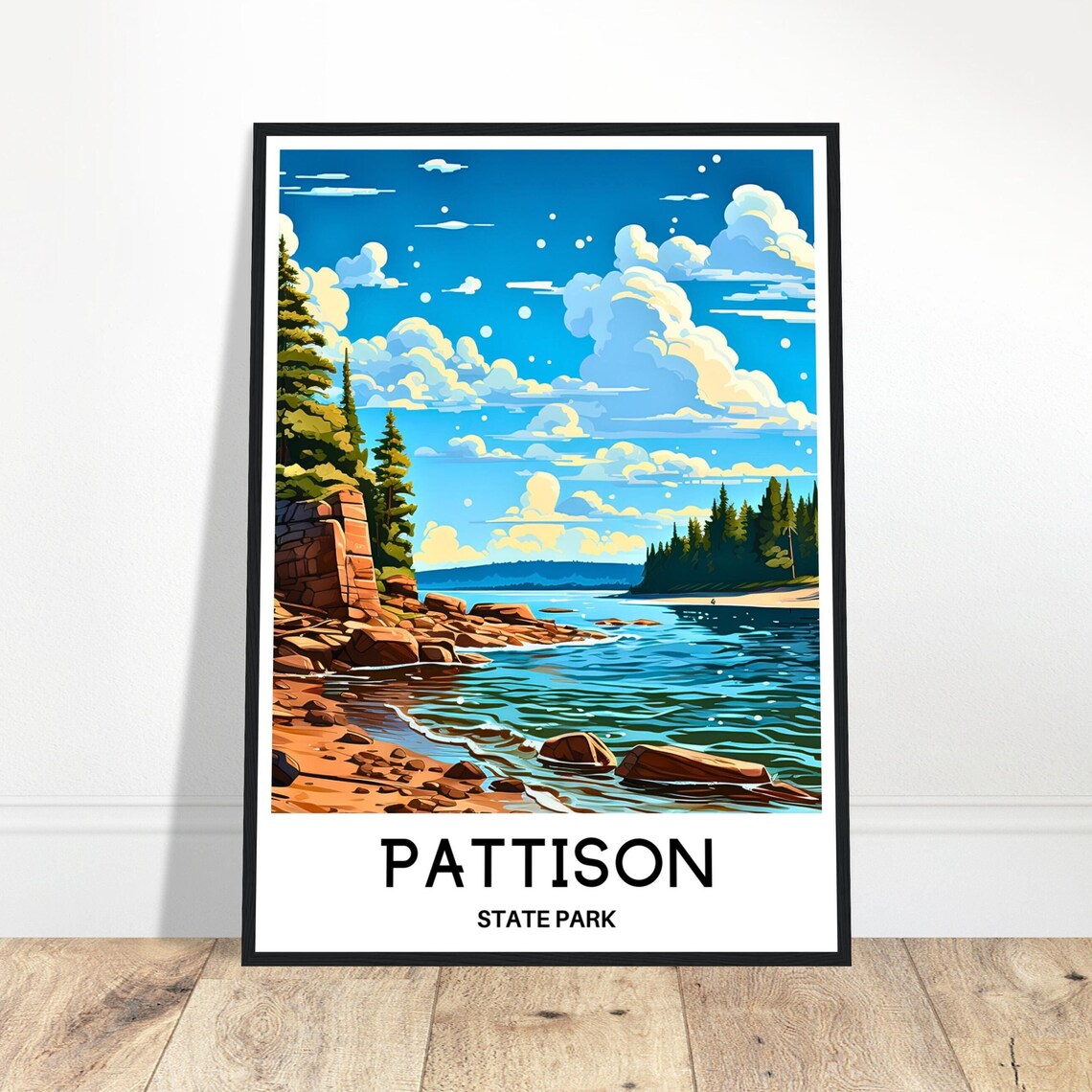 Pattison State Park Retro Travel Poster Wisconsin Lake Shoreline Illustration