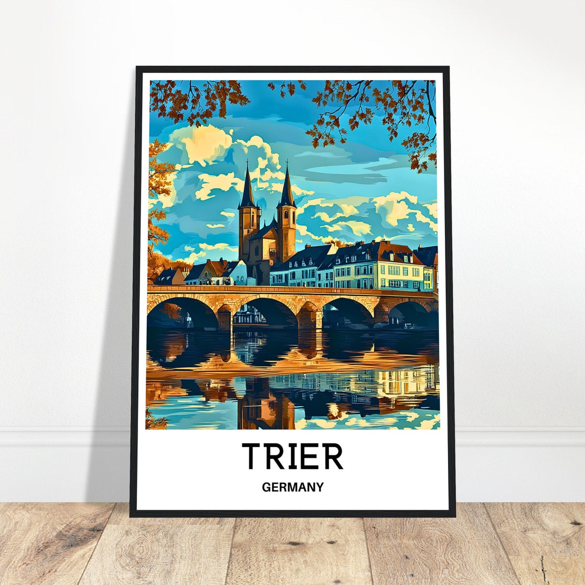 Trier Germany Old Stone Bridge Sunset Reflection Cityscape Poster