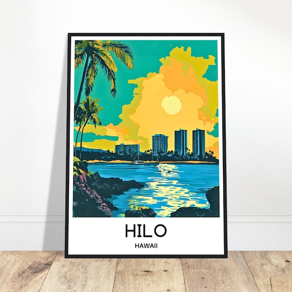 Hilo Hawaii Sunset Palm Trees Bay Ocean Cityscape Travel Poster