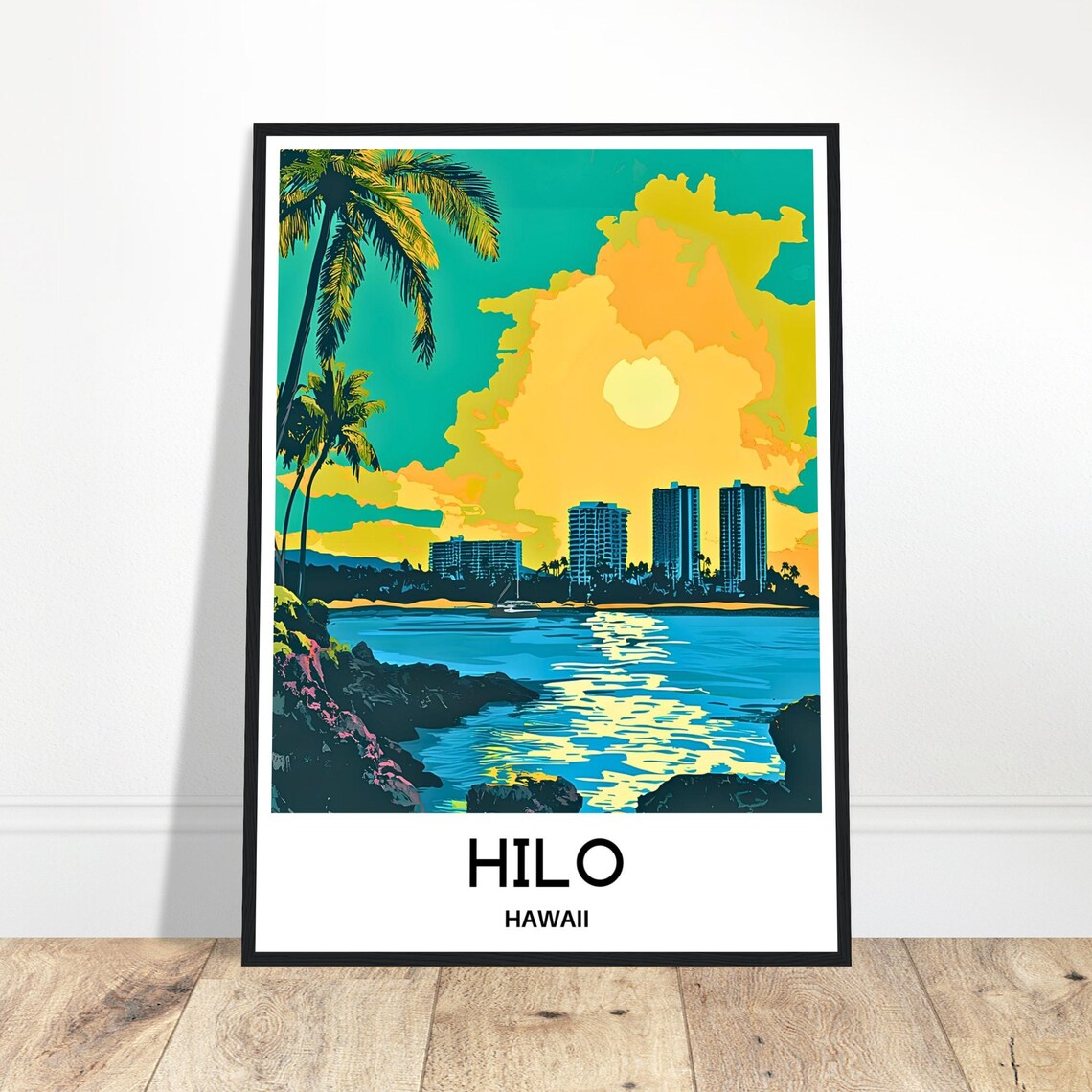Hilo Hawaii Sunset Palm Trees Bay Ocean Cityscape Travel Poster