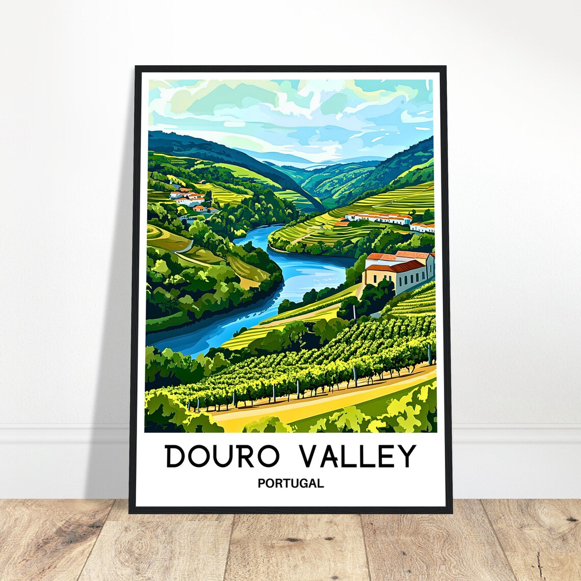 Douro Valley Portugal Vineyard Travel Poster River Illustration