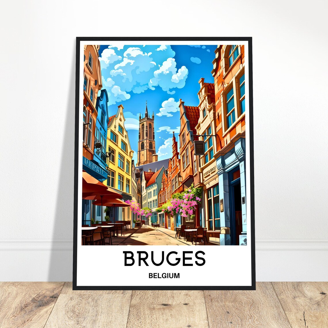 Bruges Belgium Charming Old Street Gabled Houses Travel Poster