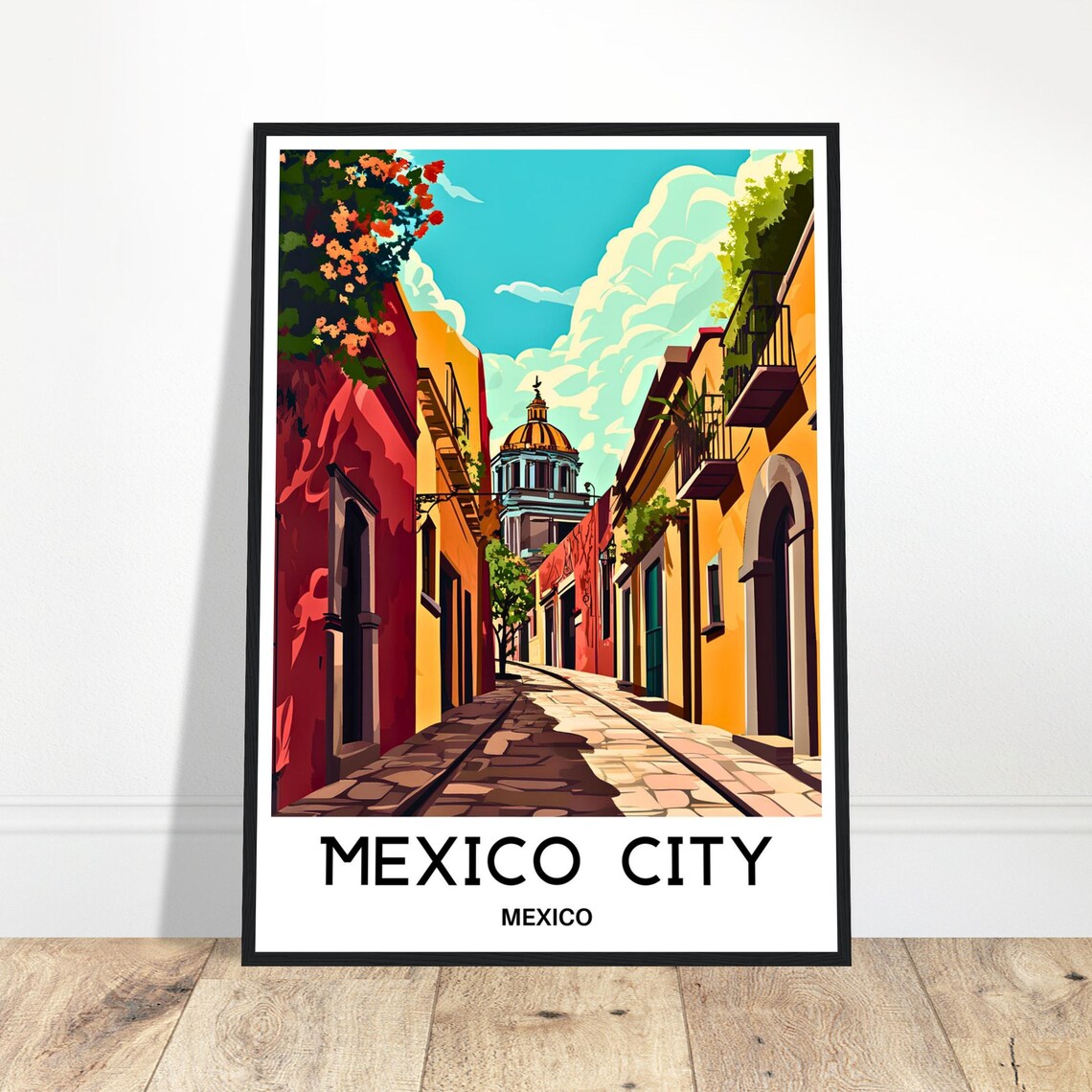 Mexico City Sunlit Colonial Alley Bougainvillea Vintage Travel Poster