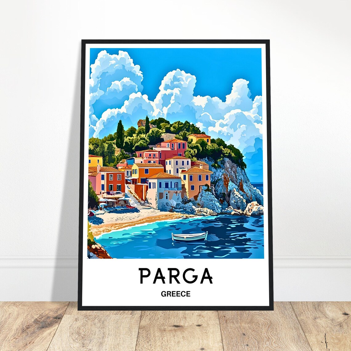 Parga Greece Colorful Cliffside Village Overlooking Beach Poster