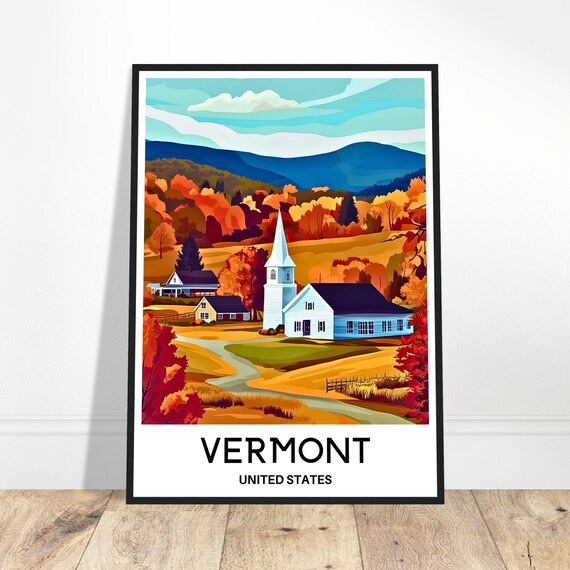 Vermont Fall Village Church Autumn Foliage Travel Art Poster