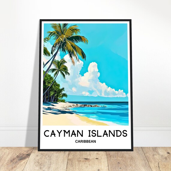 Cayman Islands Caribbean Beach Travel Poster With Palms And Turquoise Sea