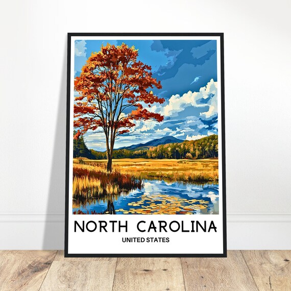 North Carolina Autumn Marsh Red Maple Tree Lakeside Travel Poster