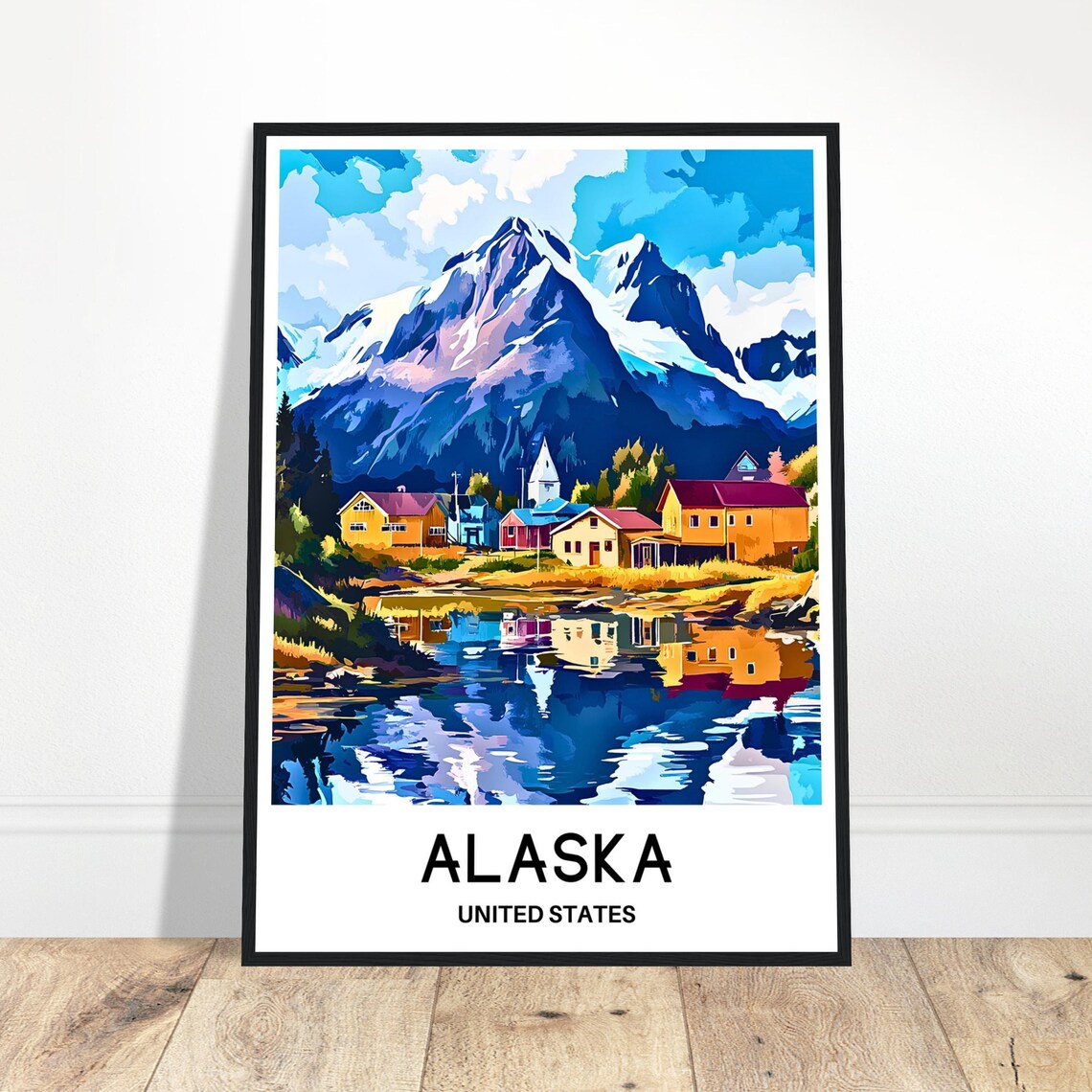 Alaska Village by a Lake Beneath Snowy Peaks Travel Poster Art