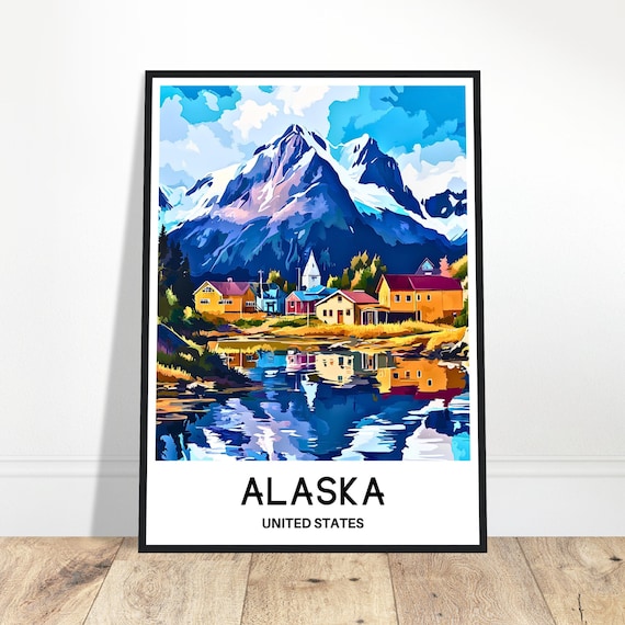 Alaska Village by a Lake Beneath Snowy Peaks Travel Poster Art