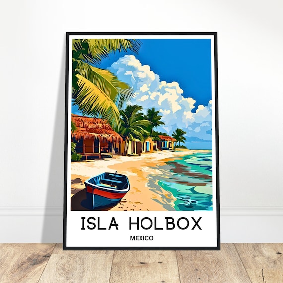 Isla Holbox Mexico Beach Thatched Huts Palms Boat Vintage Travel Poster