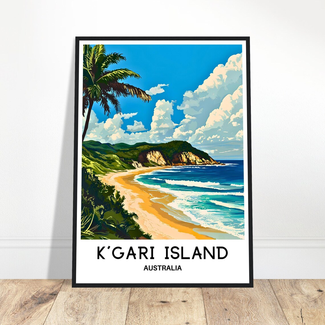 K'Gari Island Australia Golden Beach Palm Cliffs Surf Travel Poster