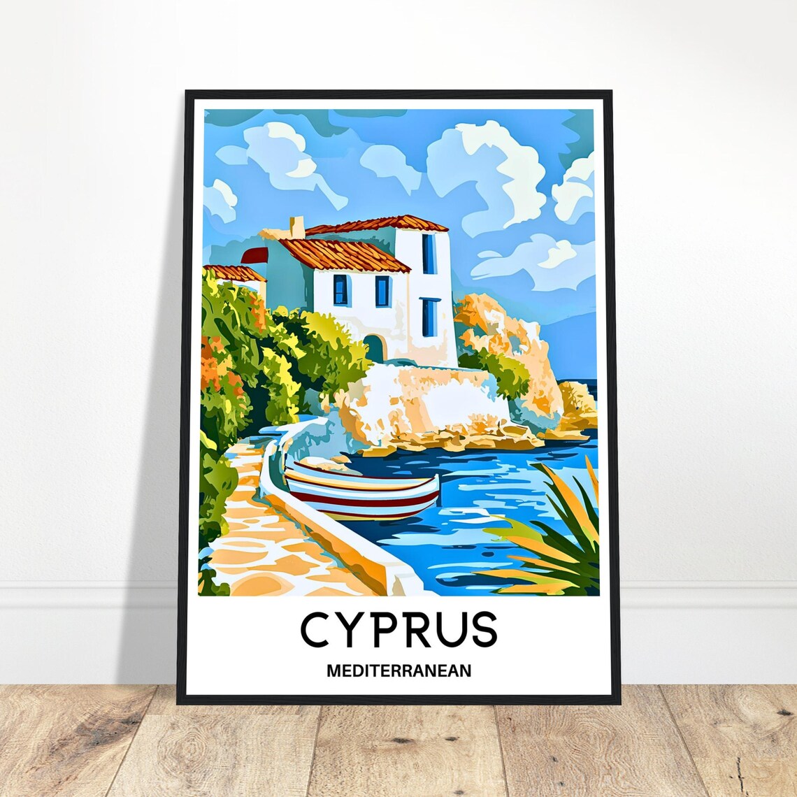 Cyprus Mediterranean Seaside Village Boat Harbor Travel Poster