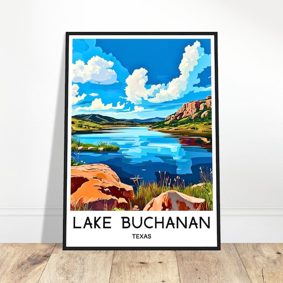 Lake Buchanan Texas Red Rock Cliffs Blue Sky Lake Travel Poster