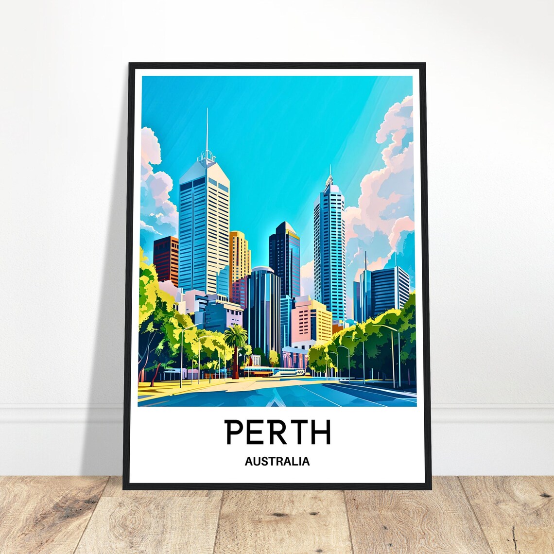 Perth Australia Skyline City Street in Bold Colors Art Poster