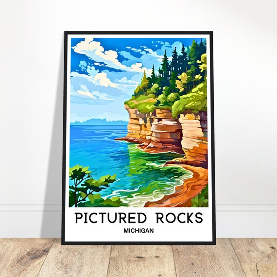 Pictured Rocks Travel Print Poster Art Michigan Lover Gift Wall Hanging Illustration Home Office Decor
