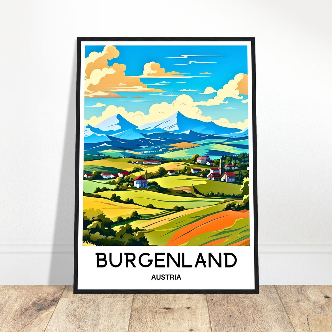 Burgenland Austria Rolling Green Hills Snowy Mountain Travel Poster