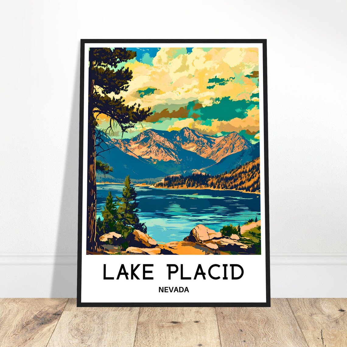 Lake Placid Nevada Mountain Lake Pine Trees Dramatic Sky Travel Poster Art