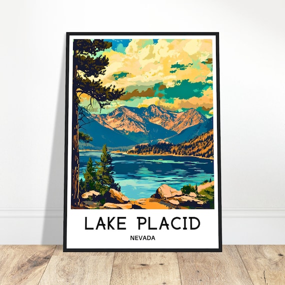 Lake Placid Nevada Mountain Lake Pine Trees Dramatic Sky Travel Poster Art
