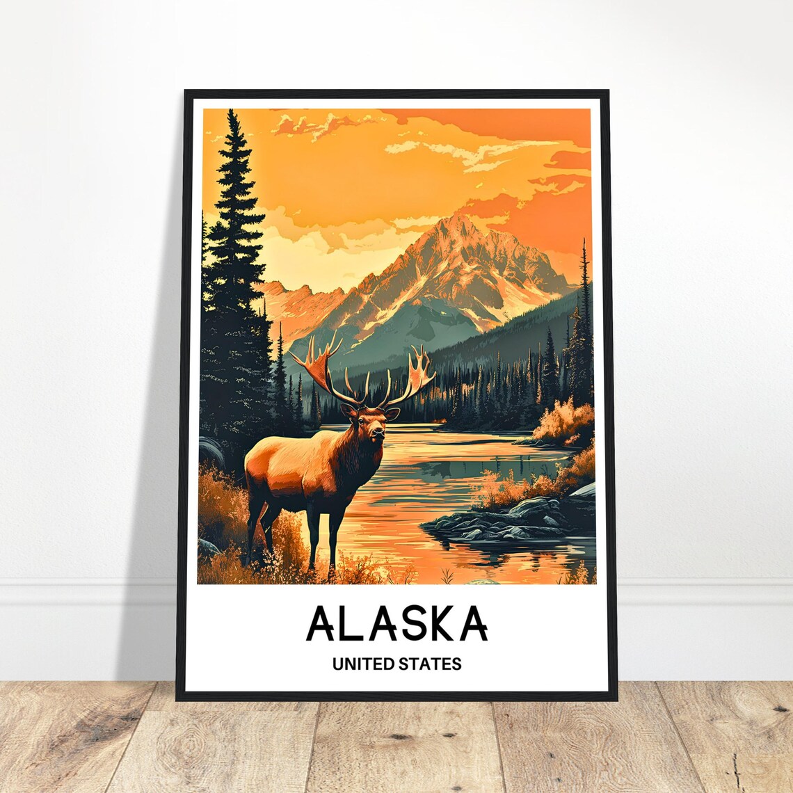 Alaska Mountain Lake Elk Travel Poster with Golden Sunset Scenery