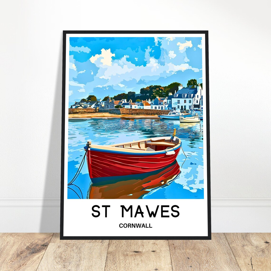St Mawes Cornwall Red Boat Calm Harbor Village Travel Art Poster