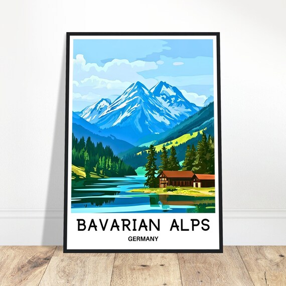 Bavarian Alps Travel Print Poster German Art Germany Lover Gift Wall Hanging Home Office Decor Bavaria Illustration