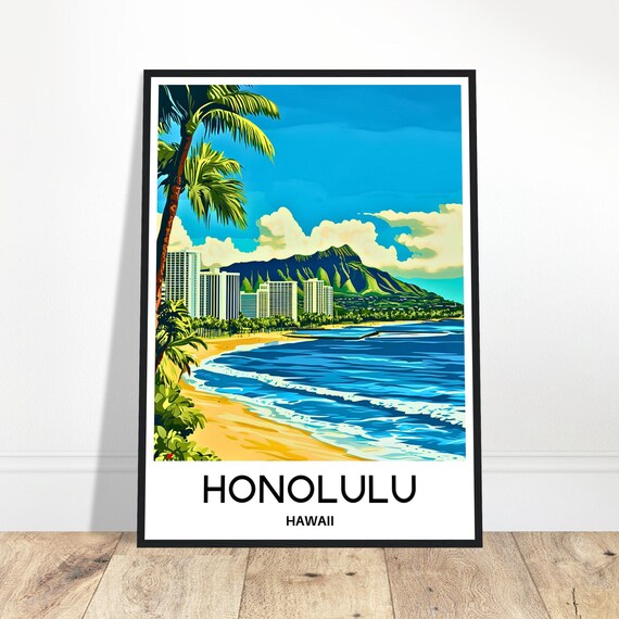 Honolulu Hawaii Waikiki Beach Retro Travel Poster Diamond Head Surf