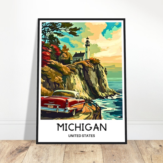 Michigan Lighthouse Cliff Red Vintage Car Coastal Travel Poster