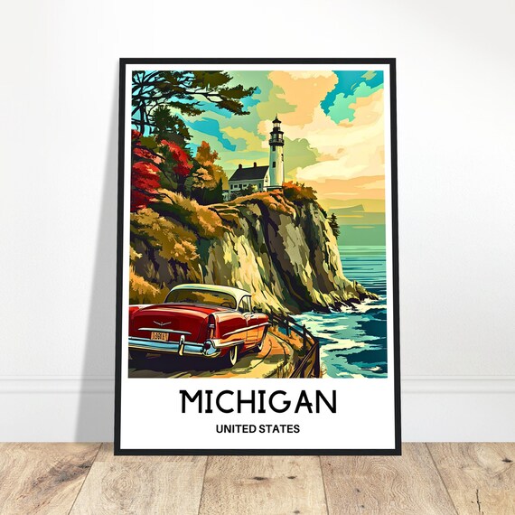 Michigan Travel Print Poster Art United States Lover Gift Illustration Wall Hanging Home Office Decor