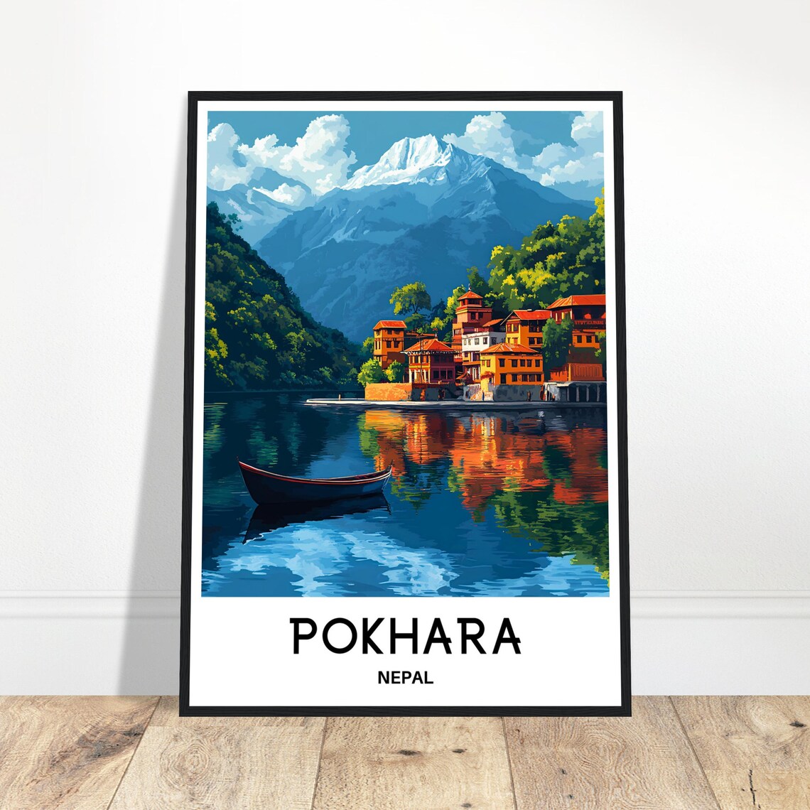 Pokhara Nepal Lakeside Temple With Snow Capped Mountain Travel Poster