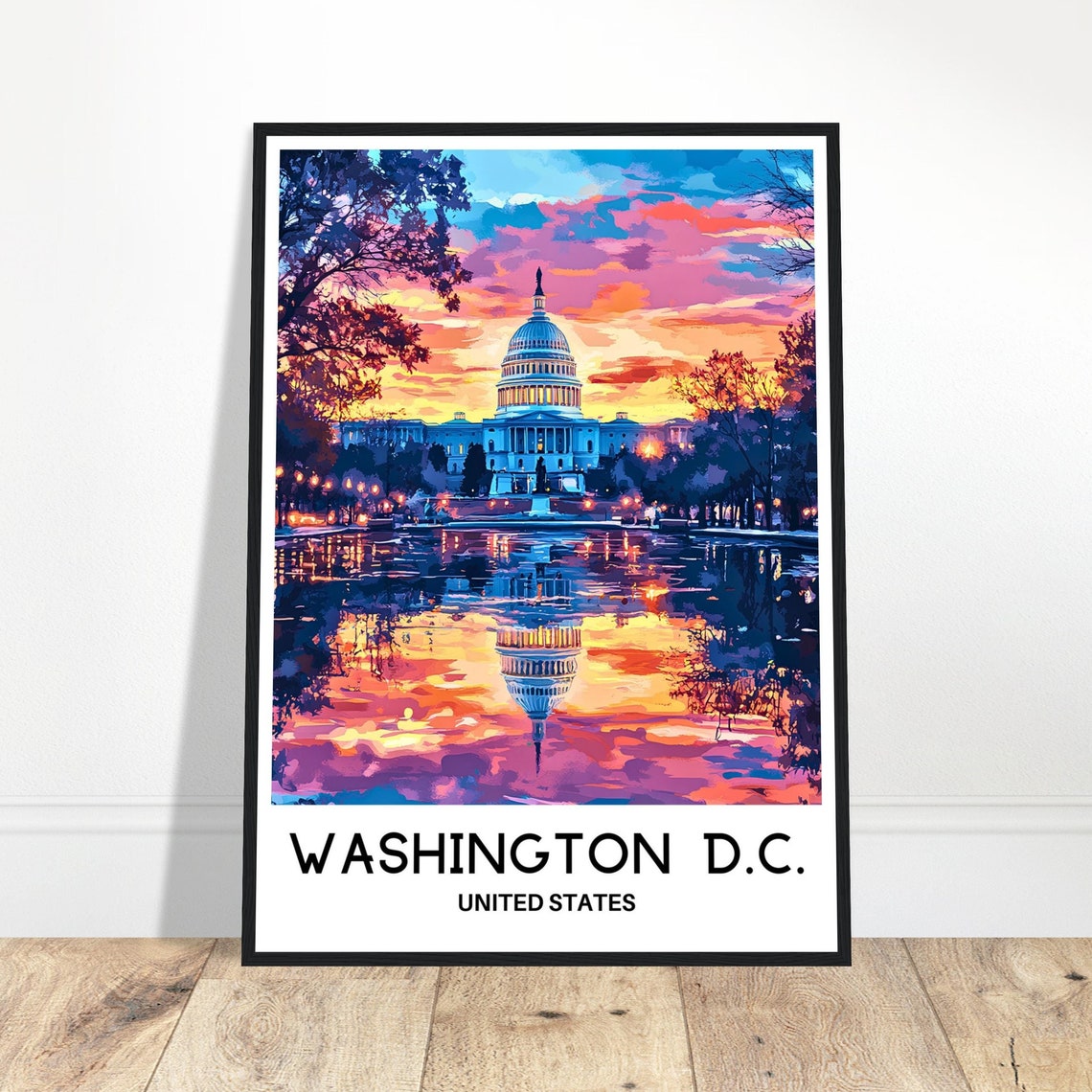Washington DC Capitol Building Sunset Reflection Travel Poster
