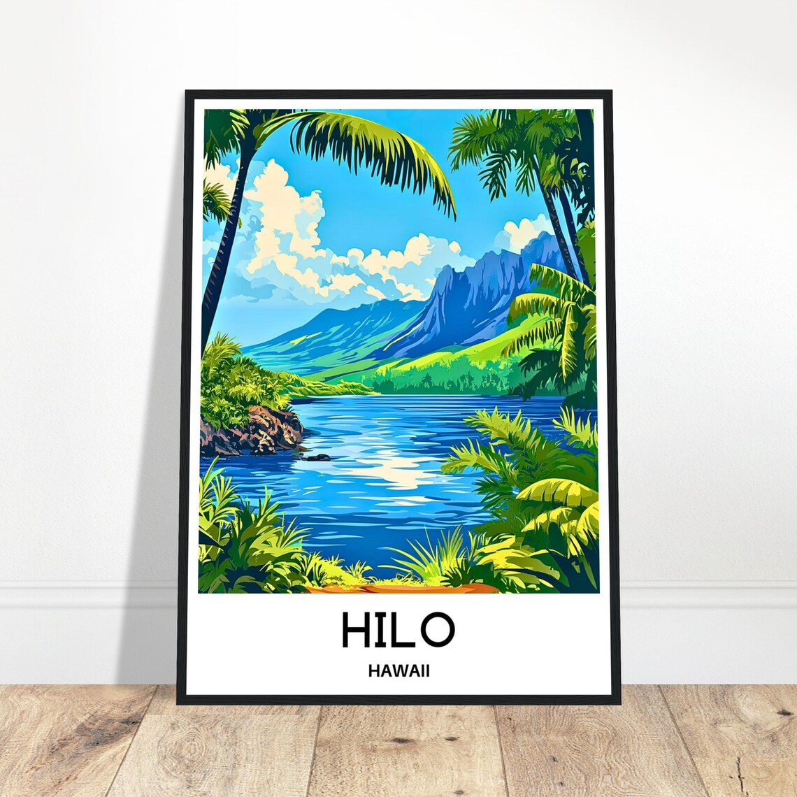 Hilo Hawaii Palm Trees Mountain Bay Lush Tropical Travel Poster