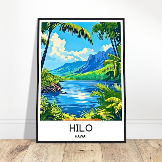 Hilo Hawaii Palm Trees Mountain Bay Lush Tropical Travel Poster