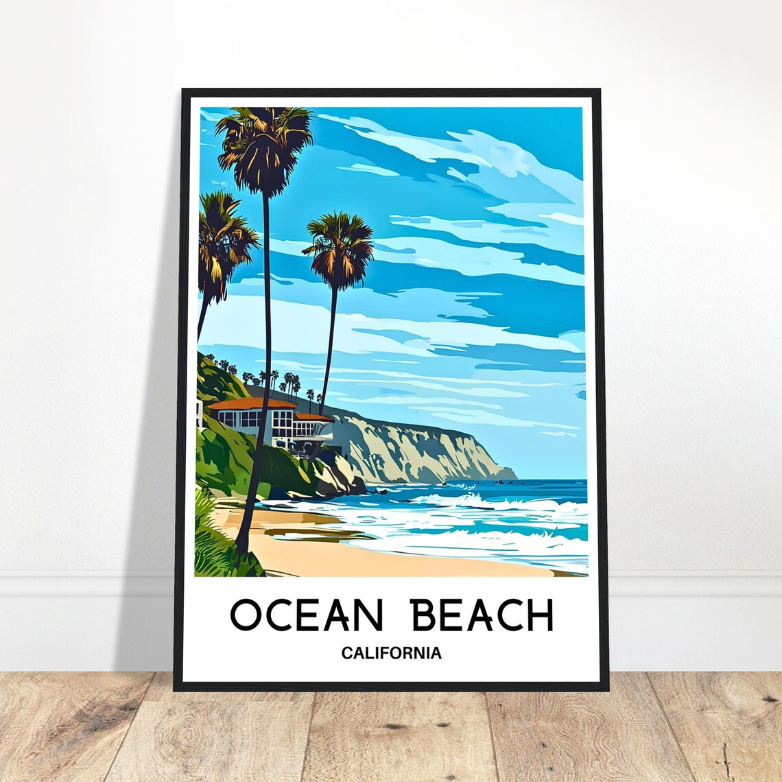 Ocean Beach California Sunny Palm Trees Cliffs Vintage Travel Poster