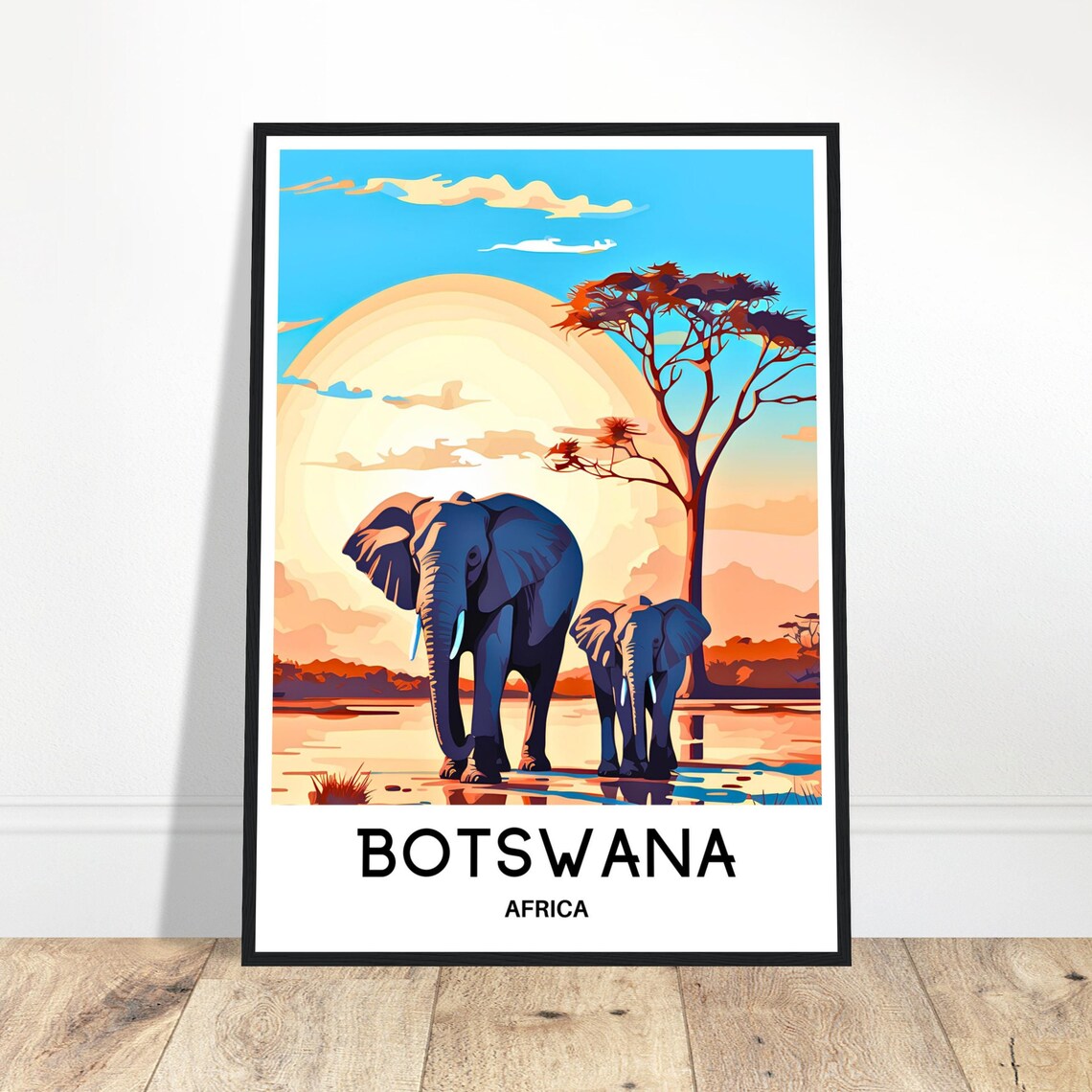 Botswana Africa Elephant Pair Sunset Savanna Safari Travel Poster