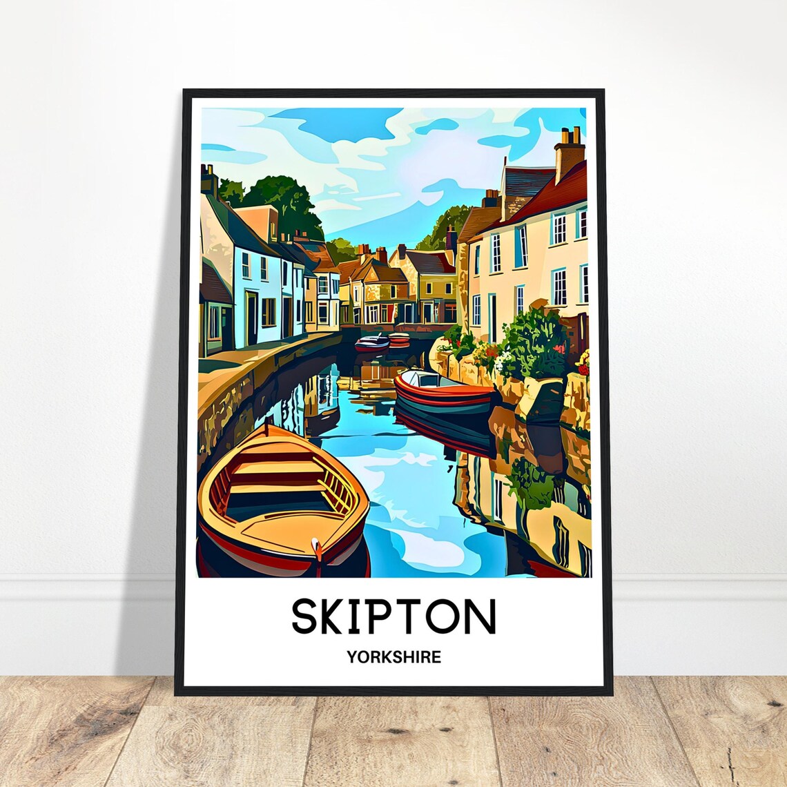 Skipton Yorkshire Canal Scene With Colorful Boats Travel Poster