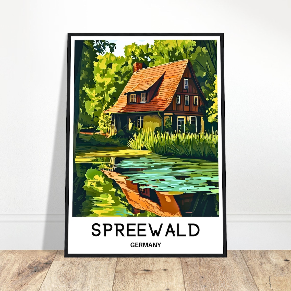 Spreewald Germany Retro Travel Poster with Canal House Illustration