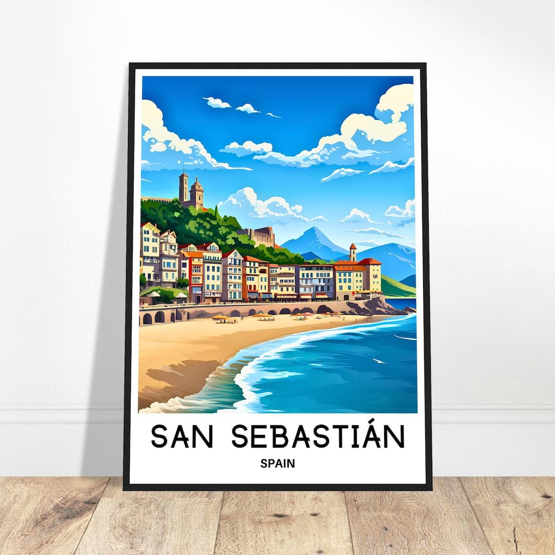 San Sebastian Spain Coastal Old Town Travel Illustration Poster