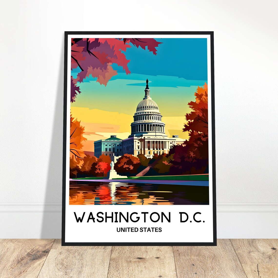 US Capitol Reflected in Water at Sunset Washington DC Travel Poster