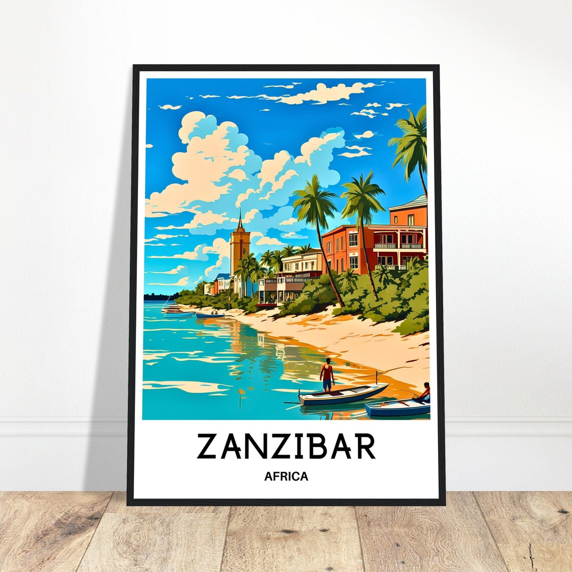 Zanzibar Africa Beach Palms Stone Town Harbor Scene Travel Poster