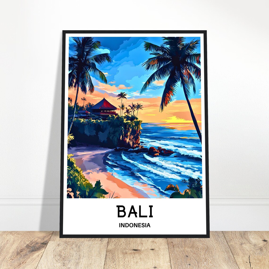 Bali Indonesia Sunset Beach Palm Trees Cliff Temple Travel Poster